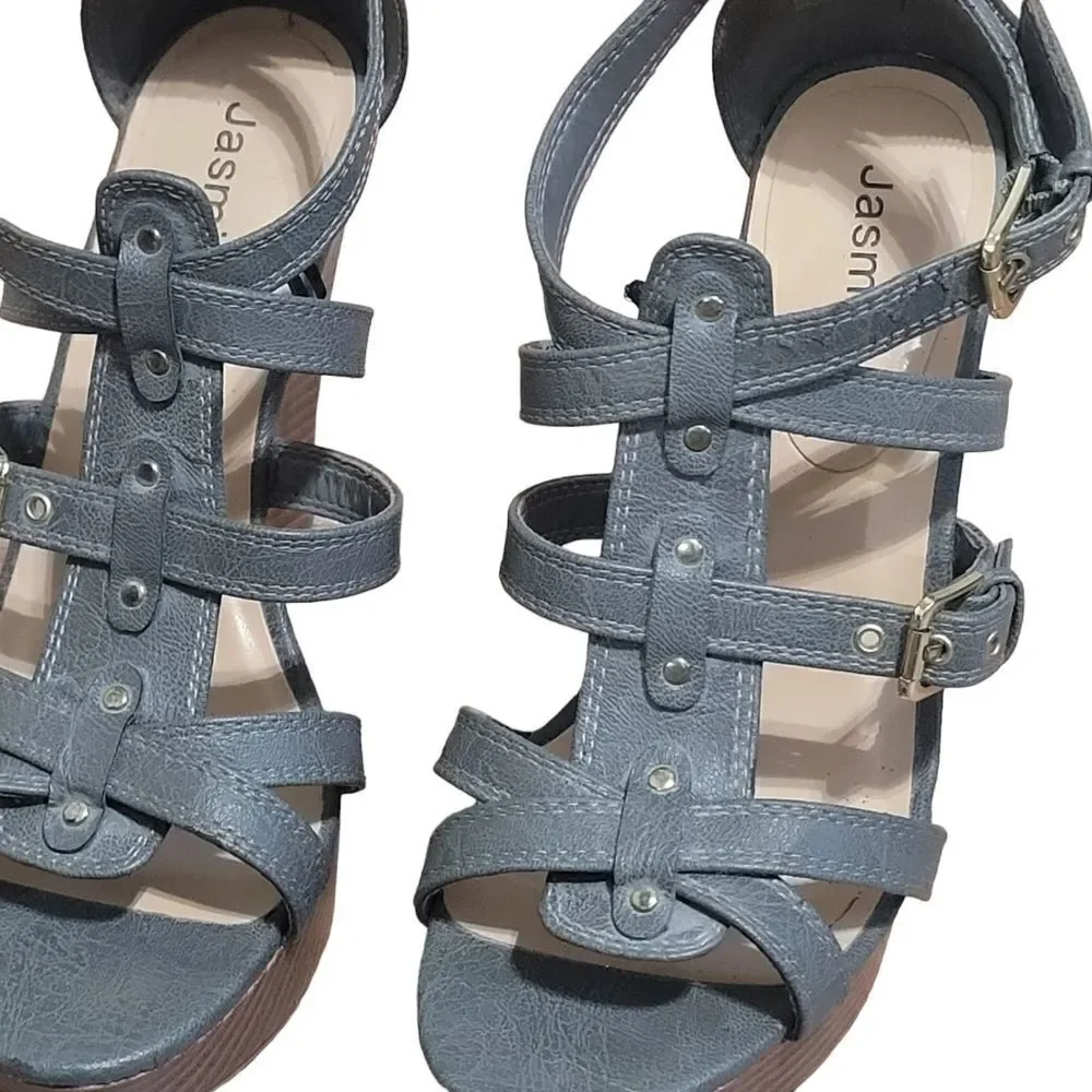 Grey Strappy Studded Wedge